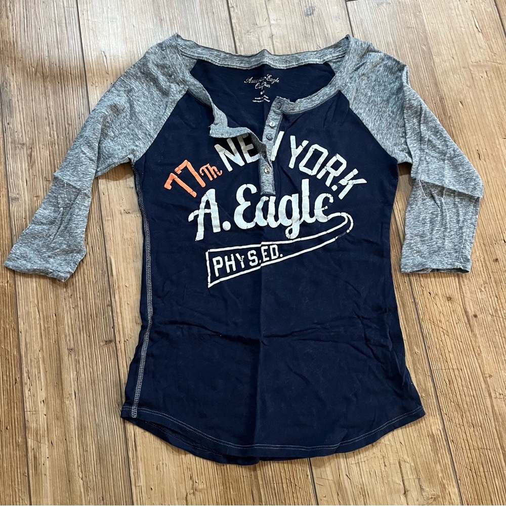 American Eagle Outfitters Navy and Gray Long Sleeve Tee
